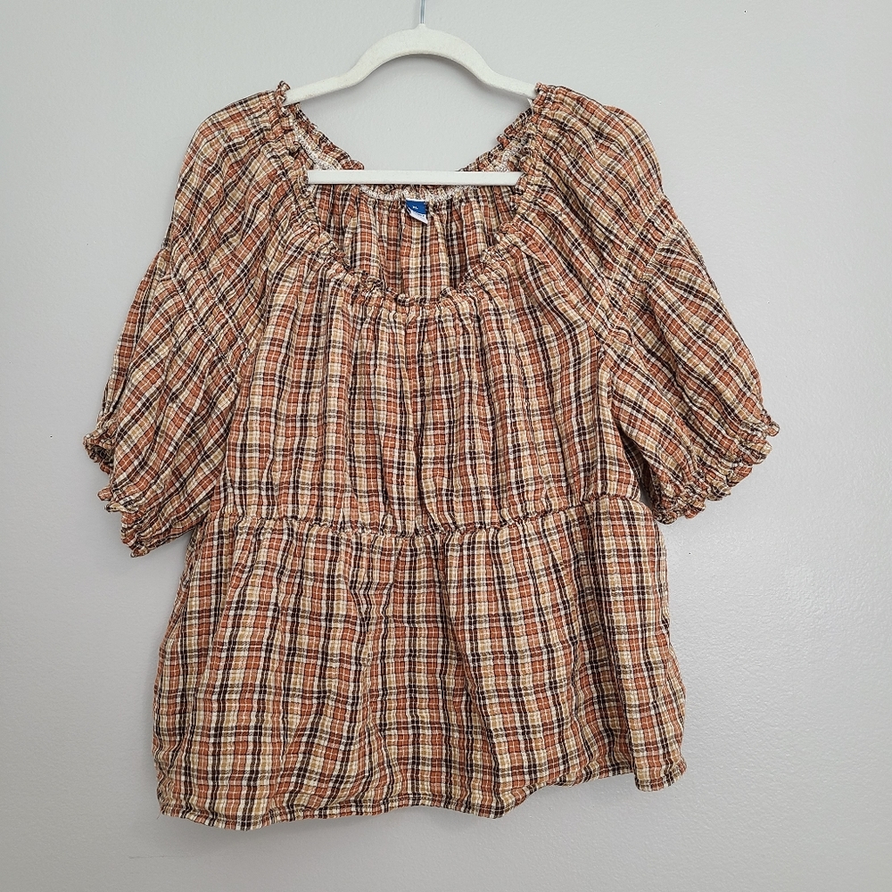 Old Navy Fall Autumn Brown, Orange, Tan Plaid Checkered Peasant Cotton Blouse XL